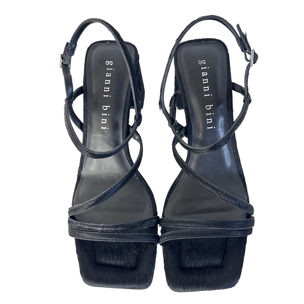 Gianni Bini Black‎ Real Bovine Hair Square Toe Strappy Heeled Sandals Size 10M